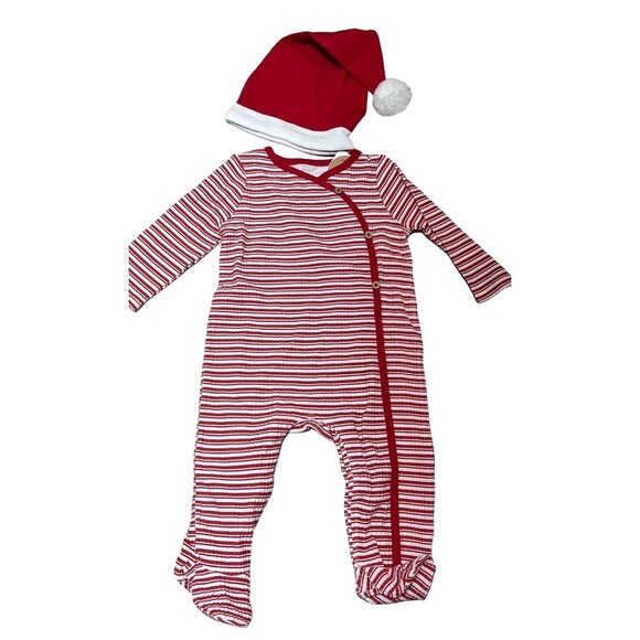 Mud Pie CHRISTMAS STRIPED BABY SLEEPER AND Santa Hat 6-9m NWT footie set ribbed - Picture 1 of 4